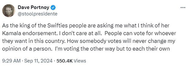 La cantante de Shake It Off le escribió al magnate de los medios después de que Portnoy saliera en su defensa luego de que se encontrara bajo fuego en las redes sociales luego de su respaldo a la vicepresidenta Kamala Harris, la candidata demócrata en las elecciones presidenciales del próximo mes.